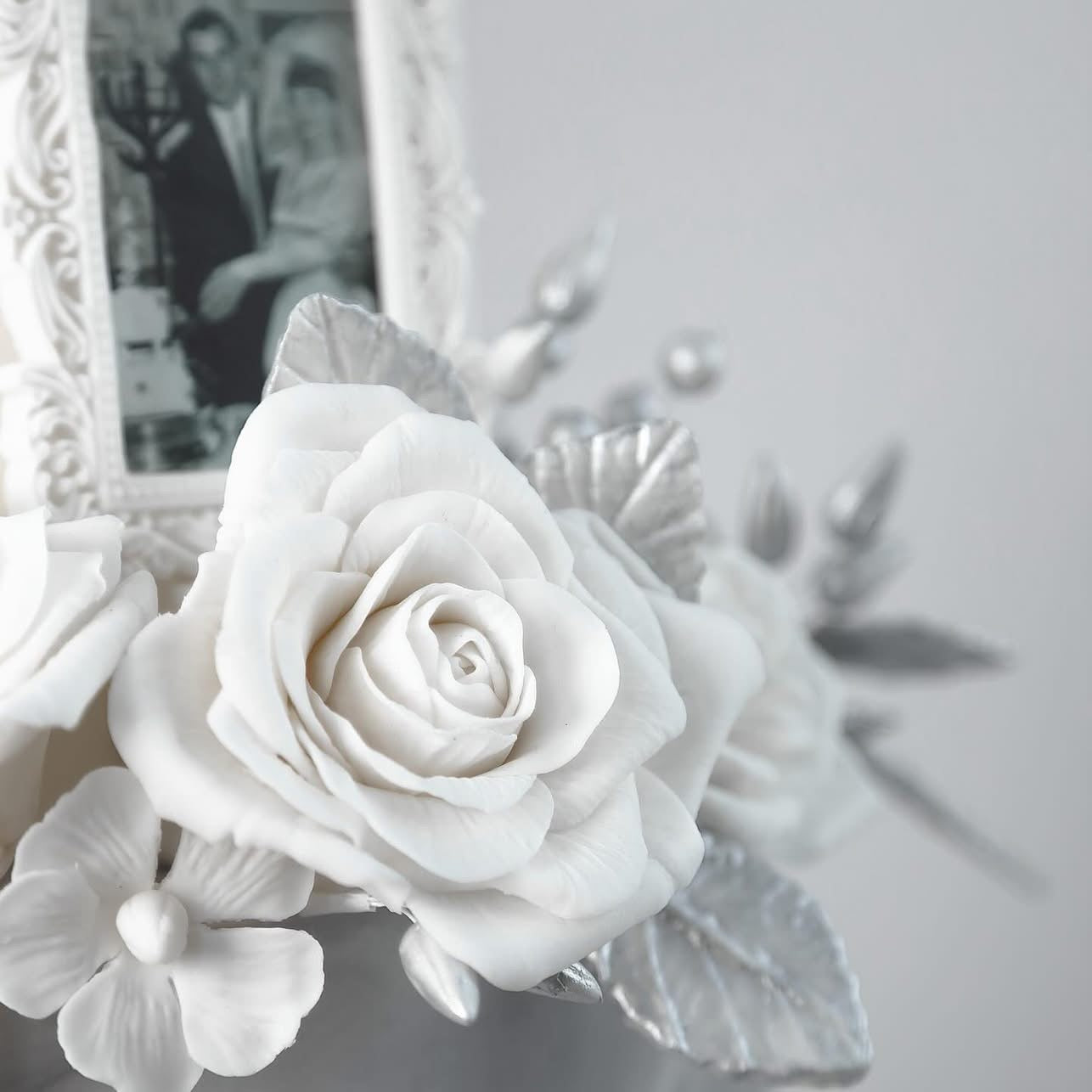 Two-tier White Roses Anniversary Cake